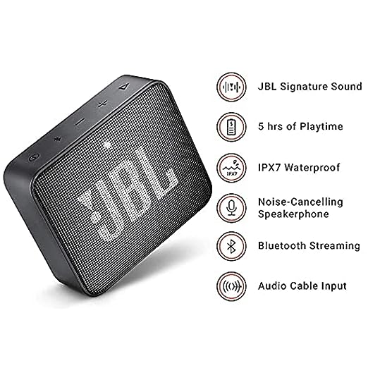 JBL Go 2, Wireless Portable Bluetooth Speaker with Mic, Signature Sound, Vibrant Color Options with IPX7 Waterproof & AUX (Black) JBL Go 2, Wireless Portable Bluetooth Speaker with Mic, Signature Sound, Vibrant Color Options with IPX7 Waterproof & AUX (Black)